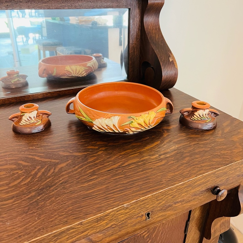 Roseville basin and candle sticks